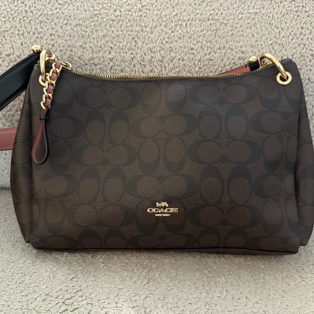 Coach Small Mia Shoulder Bag F73177 Brown Canvas Leather Pink Interior